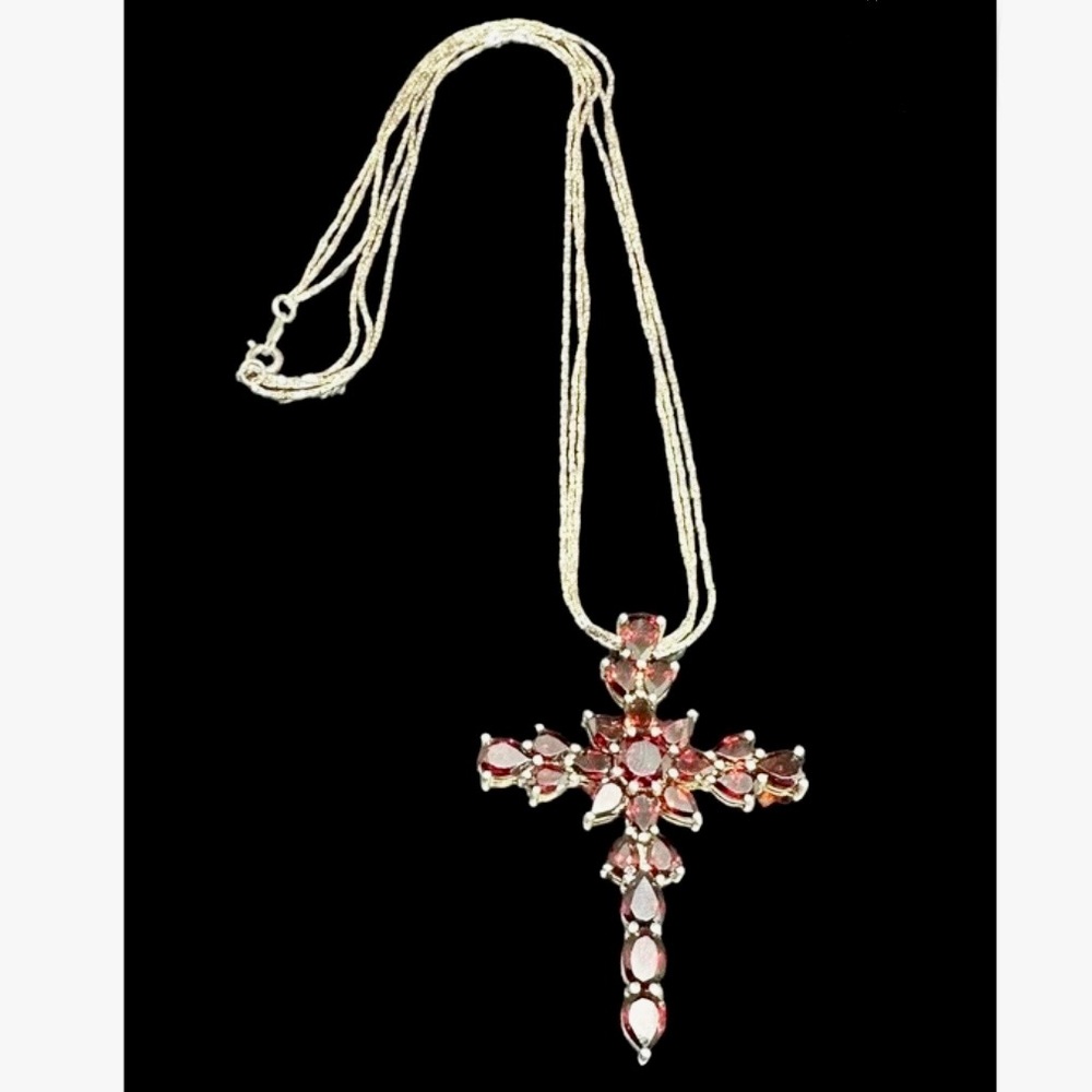 Sterling Silver Garnet Cross Pendant 3-Strand Necklace